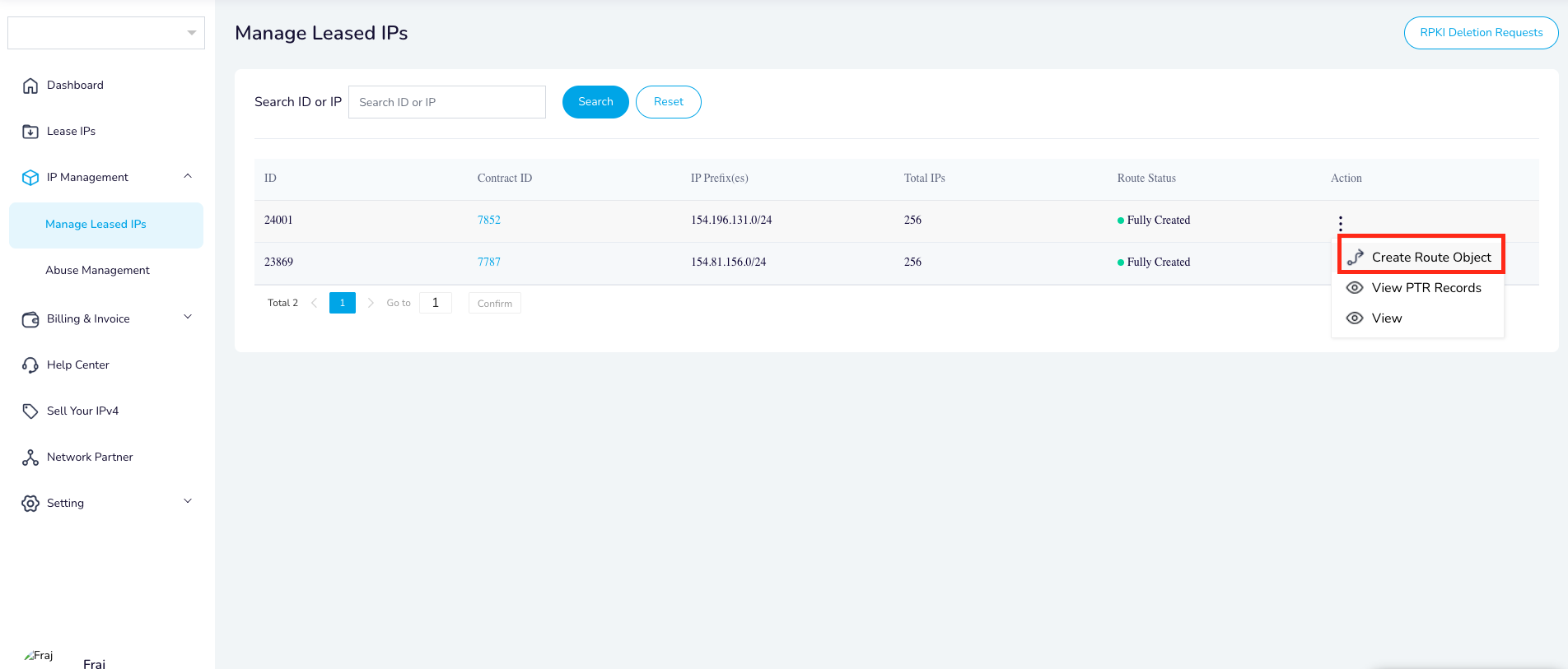 Create Route Object action for a managed leased IP block.