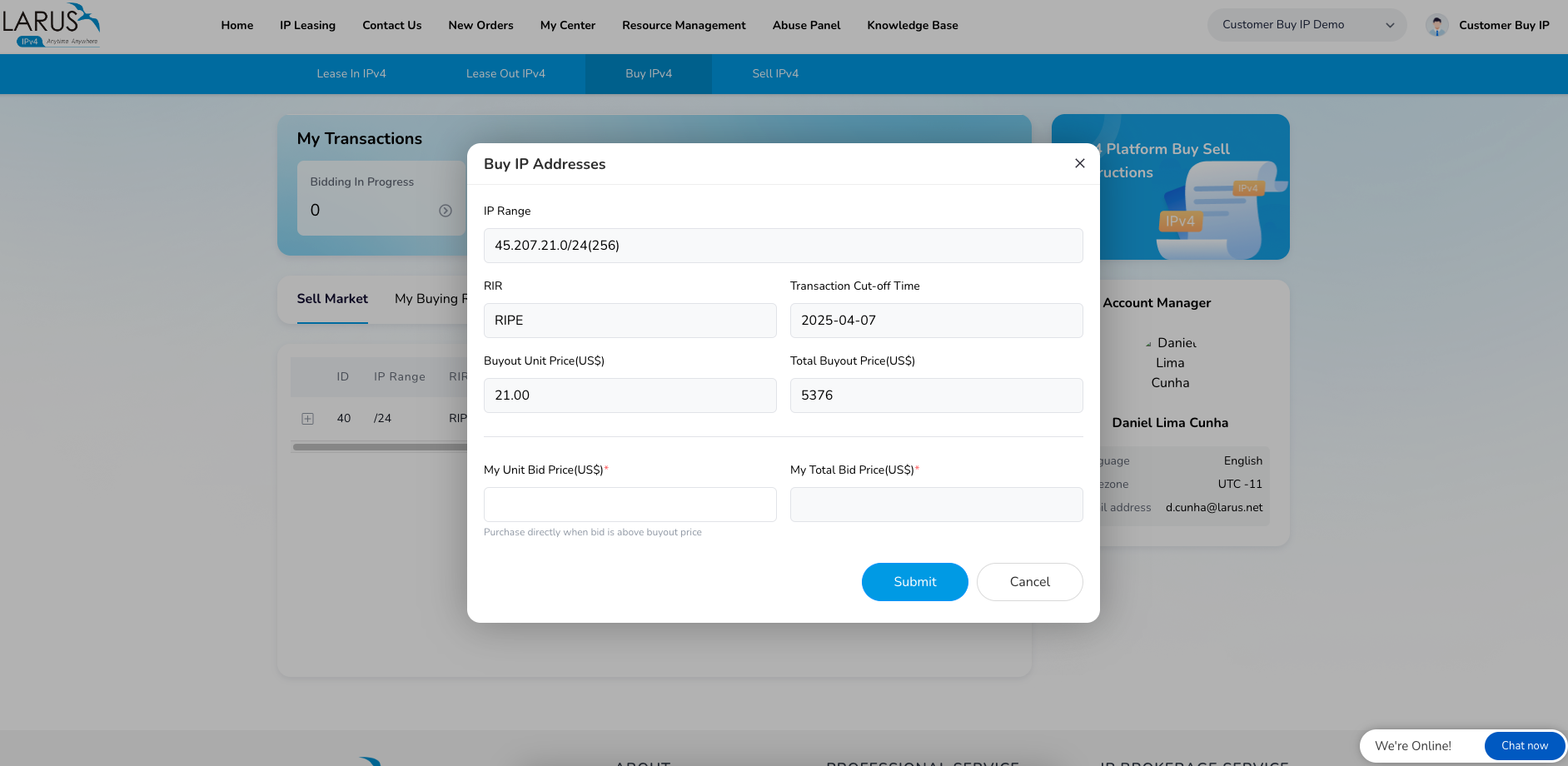 Buy IP Addresses dialog with unit bid and total bid fields.