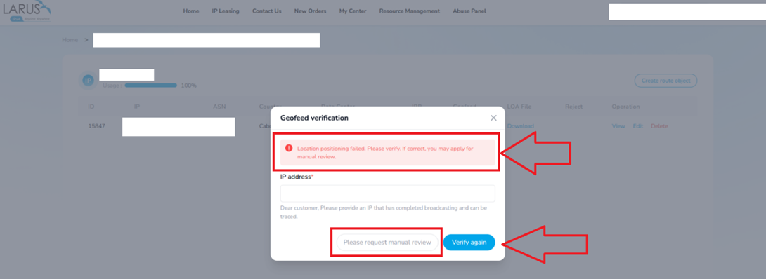 Geofeed verification failure with options to verify again or request manual review.
