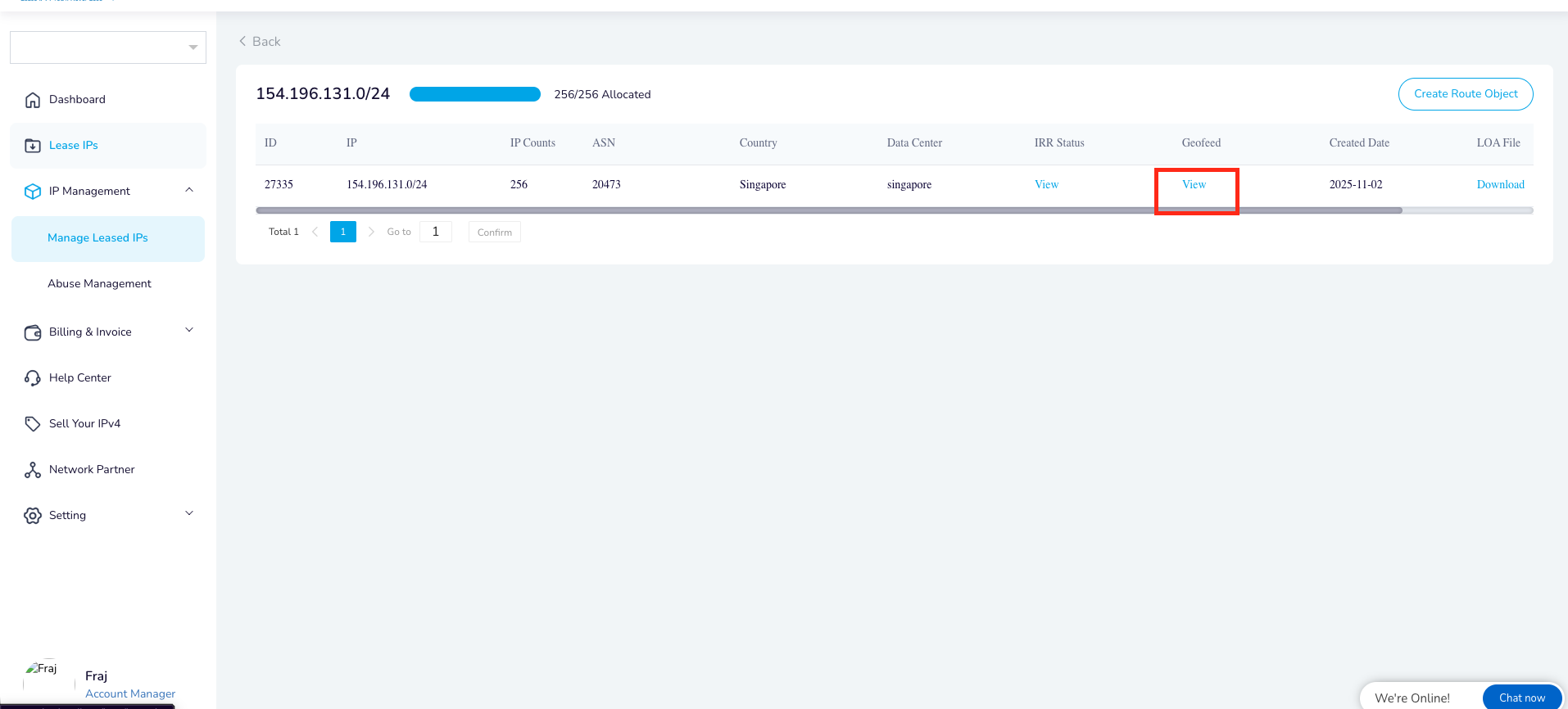 Open View in the Geofeed column of the IP details.