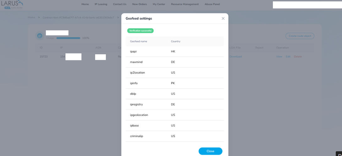 Geofeed settings showing successful verification and location database results.