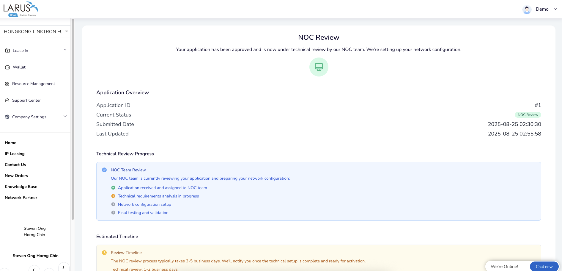Network Partner technical review status after submitting the BGP configuration.
