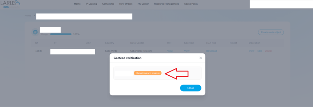 Geofeed verification showing that manual review is in progress.