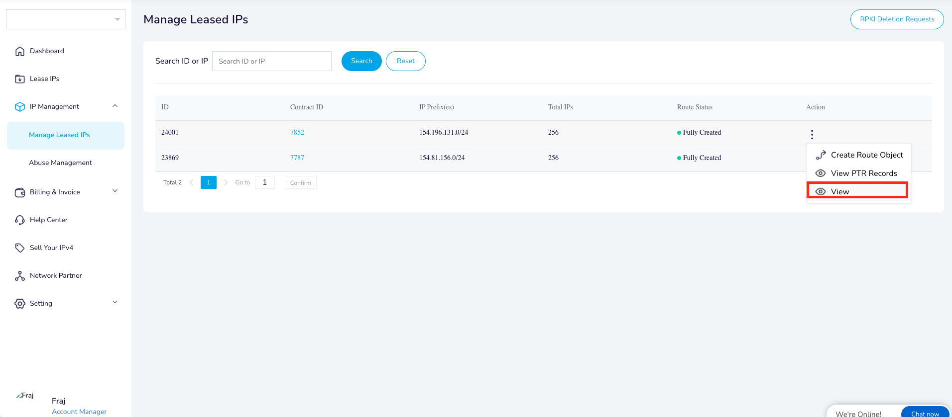Open the managed leased IP details after creating its route object.