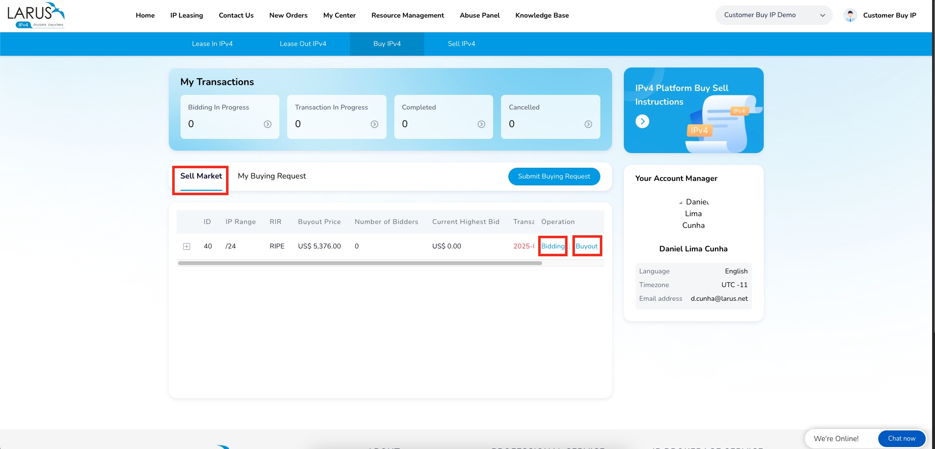 Sell Market list with Bidding and Buyout actions for available IPv4 blocks.