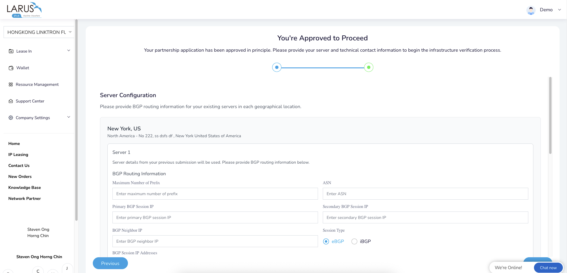Server configuration form for ASN, primary and secondary BGP sessions and neighbor details.
