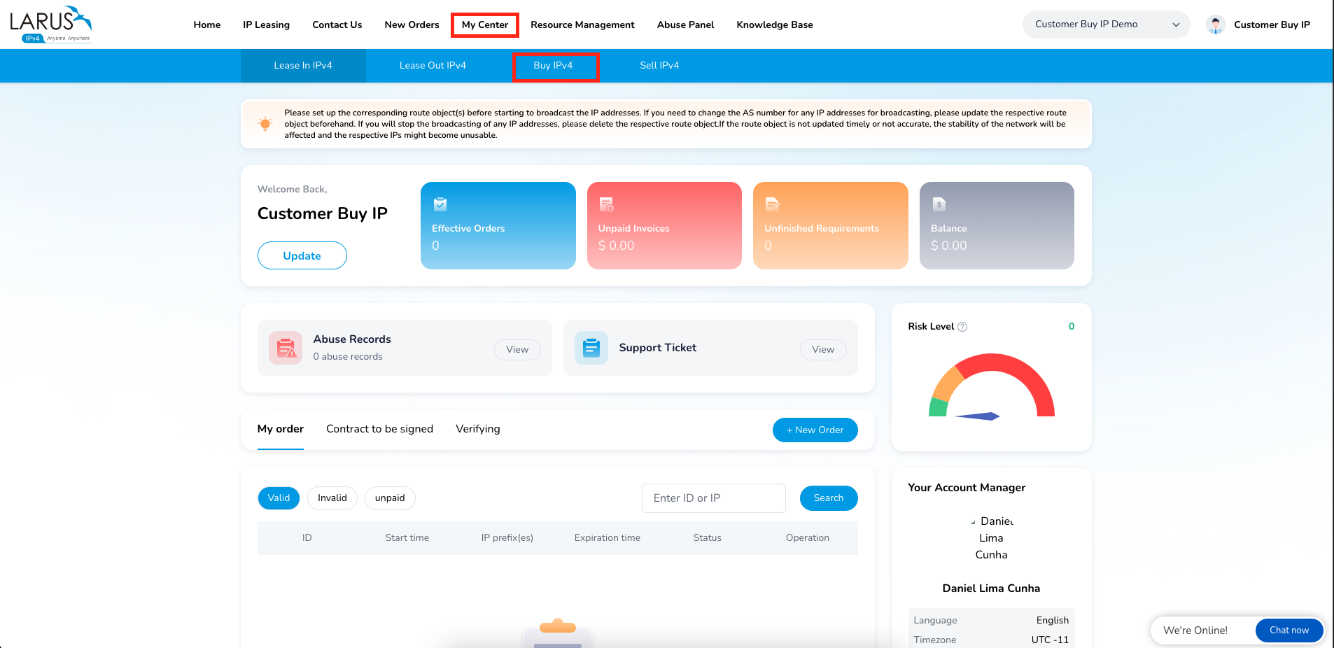 Open Buy IPv4 from My Center in the account dashboard.