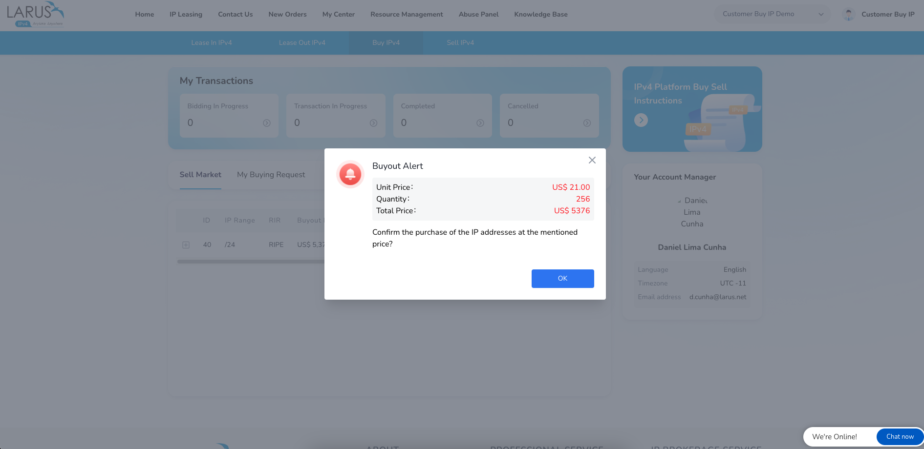 Buyout confirmation dialog showing the selected IPv4 quantity and total.