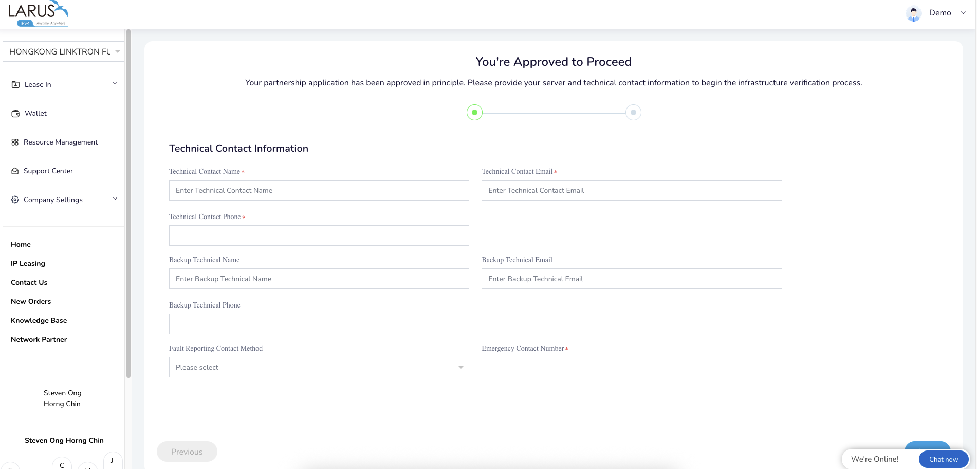 Technical contact form with primary and backup contacts and emergency reporting details.