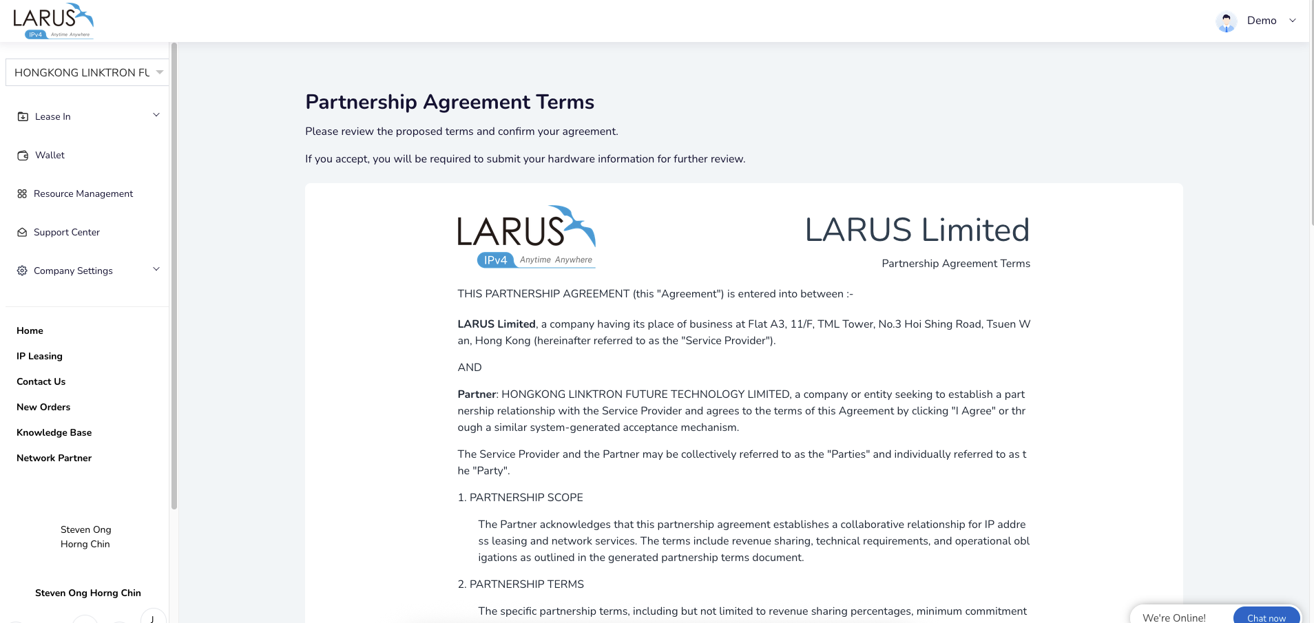 Partnership Agreement Terms document in the partner application.