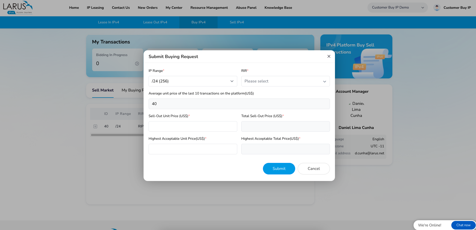 Submit Buying Request form with block size, registry and price fields.