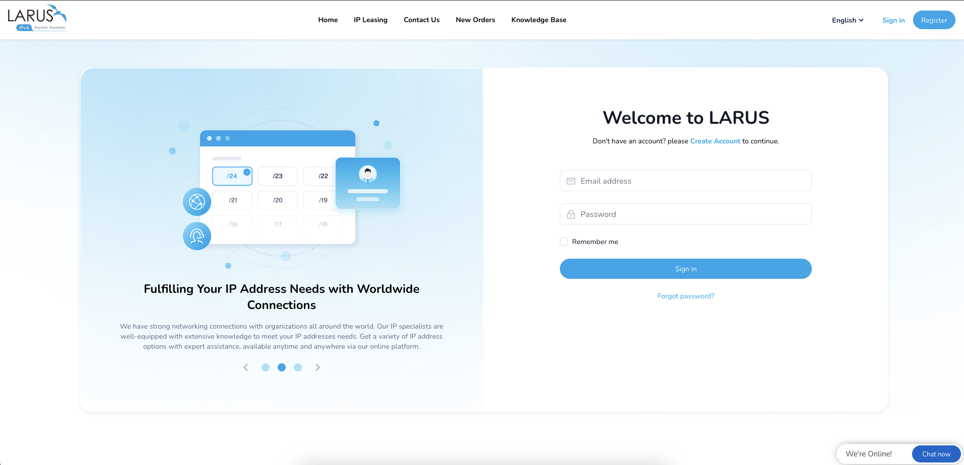 LARUS sign-in page for an existing account or new registration.