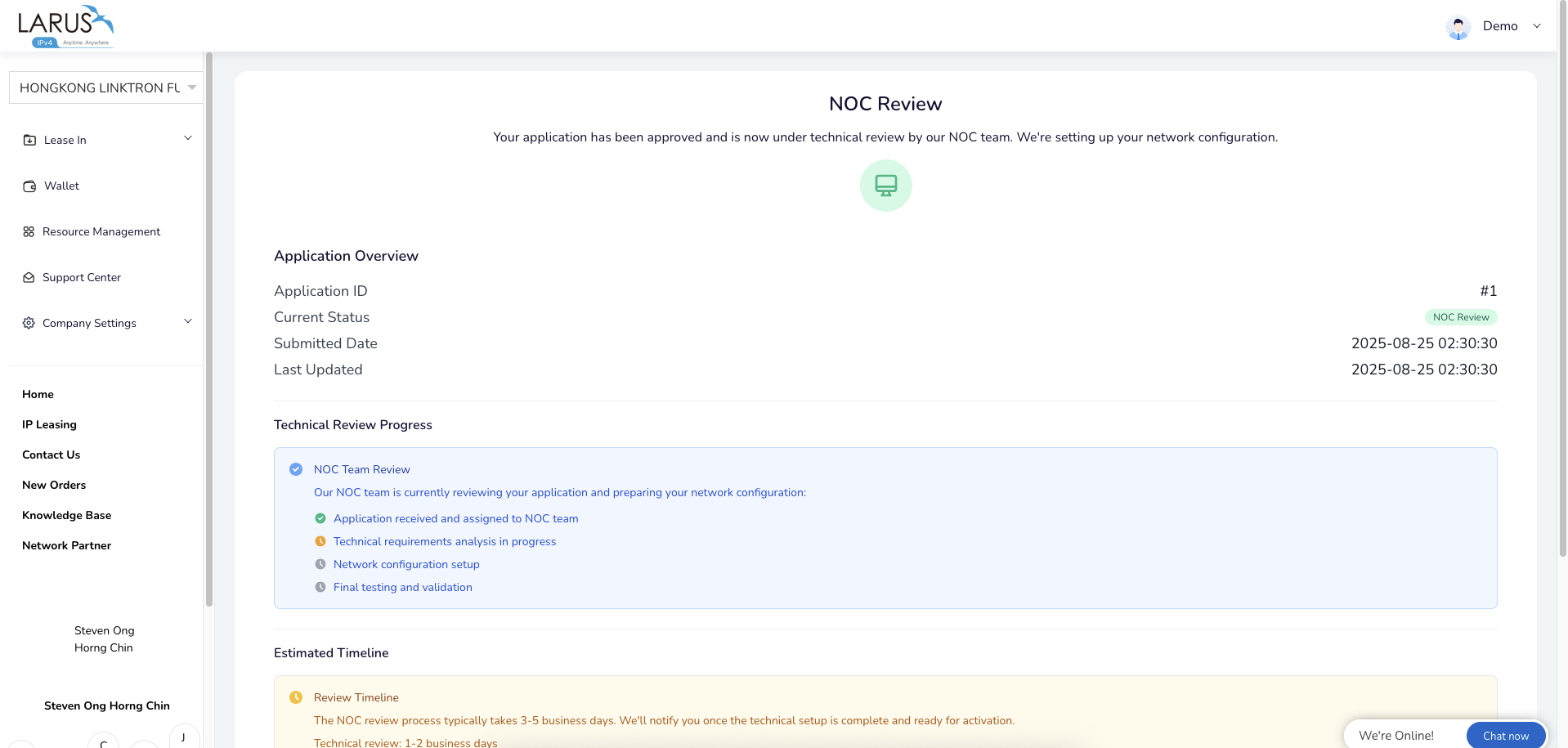 Network Partner application overview showing technical review progress.