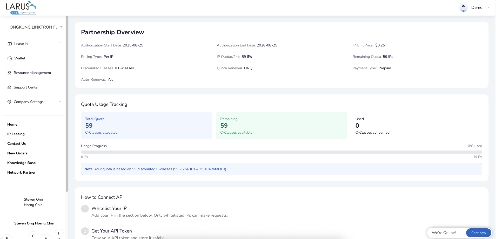 Partnership overview with quota usage tracking and API connection instructions.