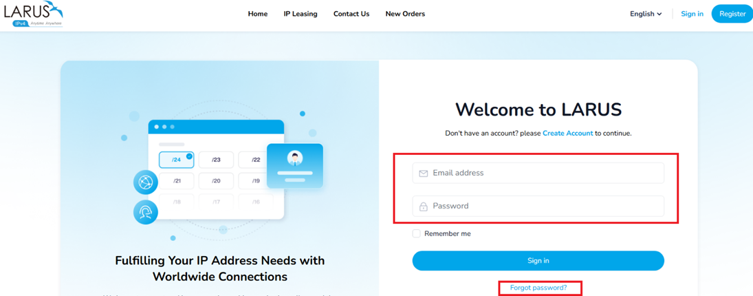 LARUS sign-in page with email, password and password recovery highlighted.