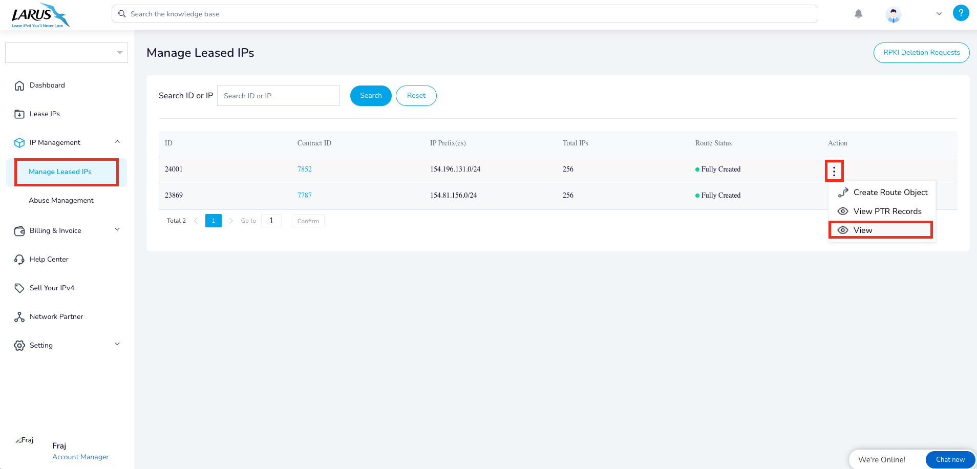 Open View from the action menu beside a managed leased IP block.