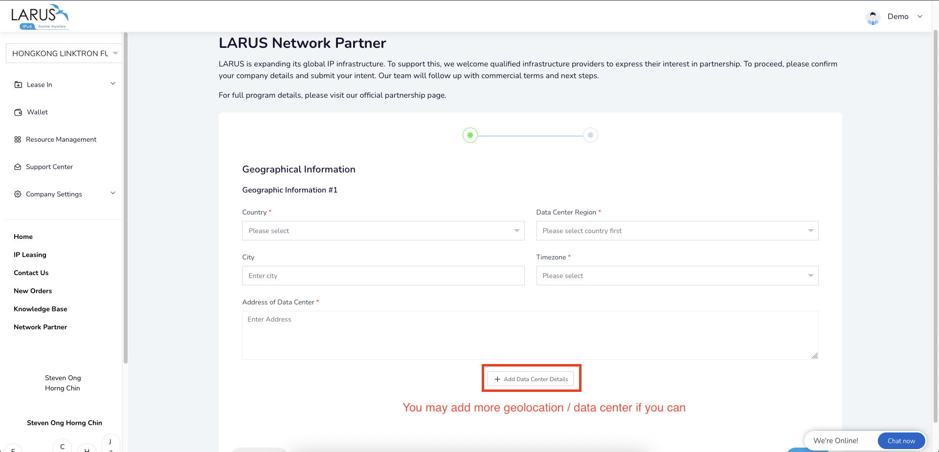 Partner application location form with country, region, city and data center details.